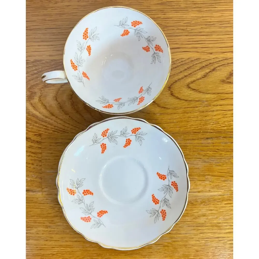 Vintage Staffordshire Bone China Cup and Saucer Orange Berries/Grapes Gold Rim